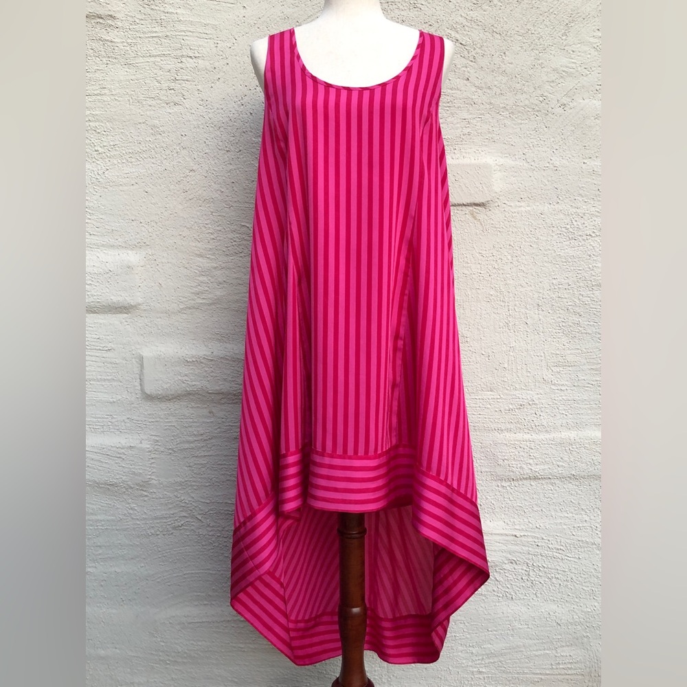 French Connection Pink Striped Sleeveless Hi-Low Hemline Dress. Size- 14